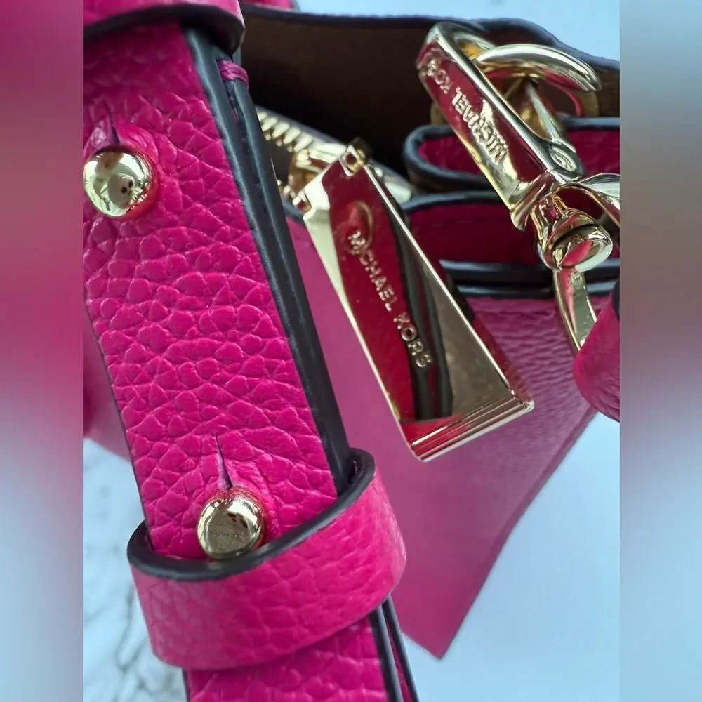 Michael Kors Fuchsia Pink Satchel – Pebbled Leather + Gold Lock & Strap - Picture 4 of 16